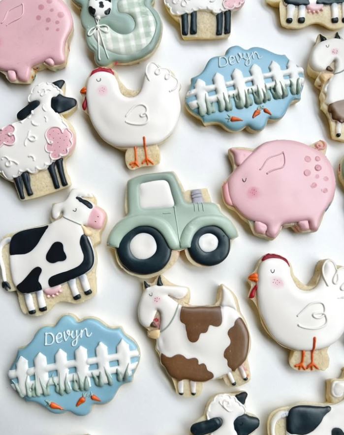 Farm animal themed cookie set with a personalized name